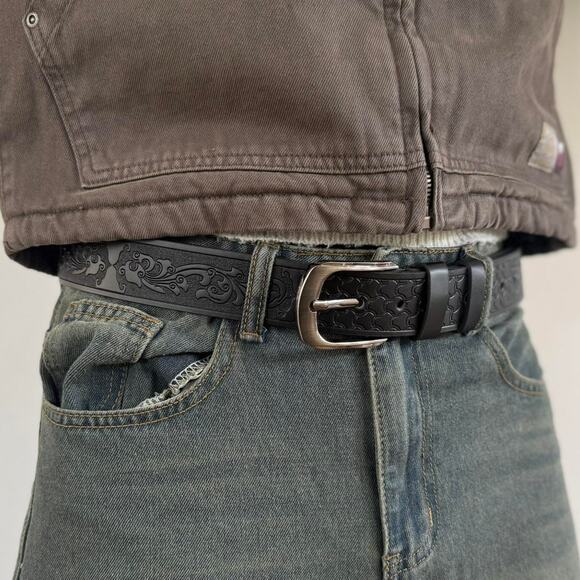 Vintage Black Western Belt – Engraved Simple Design, Unisex, Fits 26–34, New - Picture 5 of 9